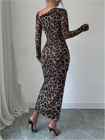 Floerns Women's Leopard Print Long Sleeve Slit Drawstring Ruched Bodycon Party Dress in Saudi Arabia