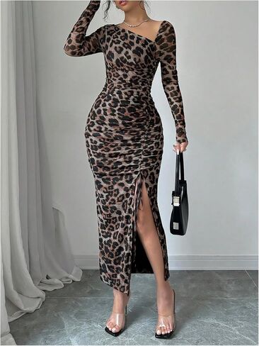 Floerns Women's Leopard Print Long Sleeve Slit Drawstring Ruched Bodycon Party Dress in Saudi Arabia
