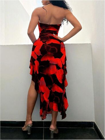 Verdusa Women's Butterfly Print Ruffle Dress Thigh Split Strapless Bodycon Tube Dress in Saudi Arabia