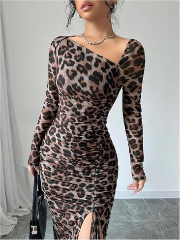 Floerns Women's Leopard Print Long Sleeve Slit Drawstring Ruched Bodycon Party Dress in Saudi Arabia