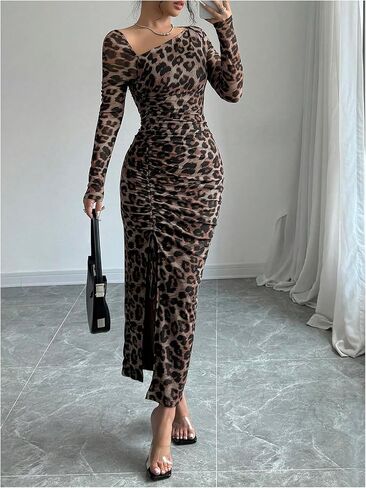Floerns Women's Leopard Print Long Sleeve Slit Drawstring Ruched Bodycon Party Dress in Saudi Arabia