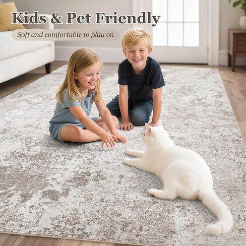 9x12 سجادة غرفة المعيشة القابلة للغسل: سجادة منطقة مجردة غير قابلة للانزلاق لغرفة طعام غرفة نوم ، سجادة ناعمة منخفضة كومة مناسبة للعائلات التي لديها أطفال ، بني in Kuwait