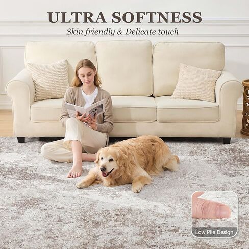 9x12 سجادة غرفة المعيشة القابلة للغسل: سجادة منطقة مجردة غير قابلة للانزلاق لغرفة طعام غرفة نوم ، سجادة ناعمة منخفضة كومة مناسبة للعائلات التي لديها أطفال ، بني in Kuwait