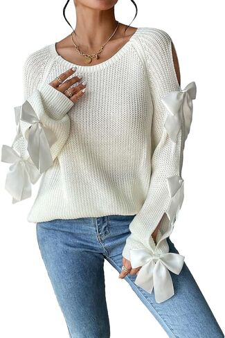 Floerns Women's Bow Knot Cut Out Long Sleeve Ribbed Knit Pullover Sweater Tops in Saudi Arabia
