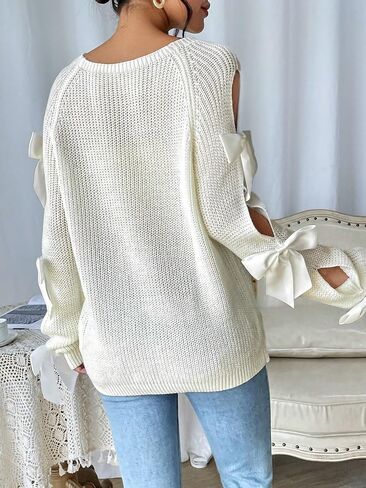 Floerns Women's Bow Knot Cut Out Long Sleeve Ribbed Knit Pullover Sweater Tops in Saudi Arabia