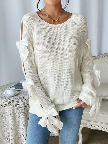 Floerns Women's Bow Knot Cut Out Long Sleeve Ribbed Knit Pullover Sweater Tops in Saudi Arabia
