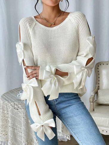 Floerns Women's Bow Knot Cut Out Long Sleeve Ribbed Knit Pullover Sweater Tops in Saudi Arabia