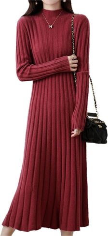 100% Wool Sweater Dress Women's Mock Neck Pit Strips Slim V-Neck Long Sleeve Pullover A-line Knitted Dress in Saudi Arabia
