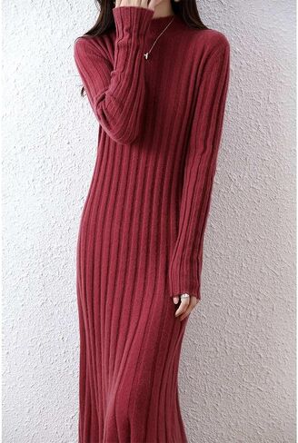 100% Wool Sweater Dress Women's Mock Neck Pit Strips Slim V-Neck Long Sleeve Pullover A-line Knitted Dress in Saudi Arabia