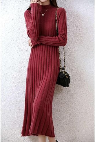 100% Wool Sweater Dress Women's Mock Neck Pit Strips Slim V-Neck Long Sleeve Pullover A-line Knitted Dress in Saudi Arabia