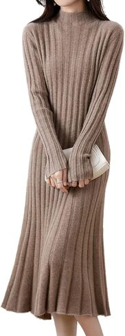 100% Wool Sweater Dress Women's Mock Neck Pit Strips Slim V-Neck Long Sleeve Pullover A-line Knitted Dress in Saudi Arabia