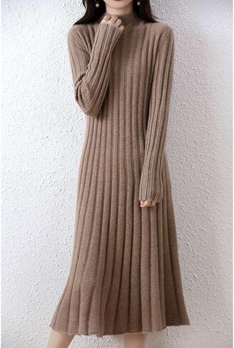 100% Wool Sweater Dress Women's Mock Neck Pit Strips Slim V-Neck Long Sleeve Pullover A-line Knitted Dress in Saudi Arabia