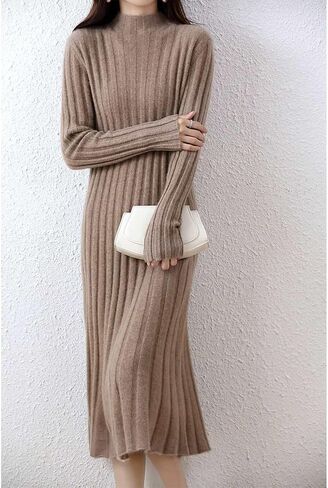 100% Wool Sweater Dress Women's Mock Neck Pit Strips Slim V-Neck Long Sleeve Pullover A-line Knitted Dress in Saudi Arabia