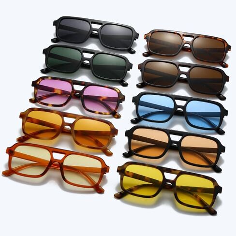 Retro Aviator Sunglasses Men Women Vintage 70s Square Glasses Double Bridge Trendy Rectangle Shades in Kuwait