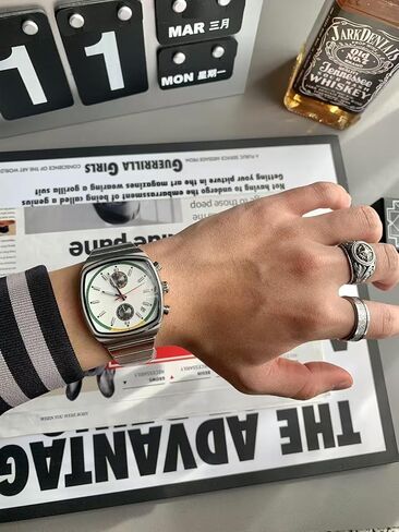Fashion Business Square Mens Watches Luminous Waterproof Quartz Watch with Calendar & Chronograph - Stylish Gold & Silver Wristwatch Stainless Steel Band in Saudi Arabia