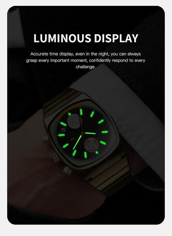 Fashion Business Square Mens Watches Luminous Waterproof Quartz Watch with Calendar & Chronograph - Stylish Gold & Silver Wristwatch Stainless Steel Band in Saudi Arabia