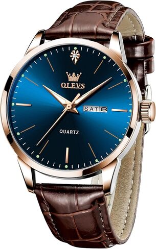 OLEVS Mens Watches, Dress Waterproof Classic Analog Casual Luxury Wrist Watch for Men with Date, Easy to Read Relojes para Hombres Male Quartz Wristwatch with Brown Black Leather Band Blue Black Dial in Saudi Arabia