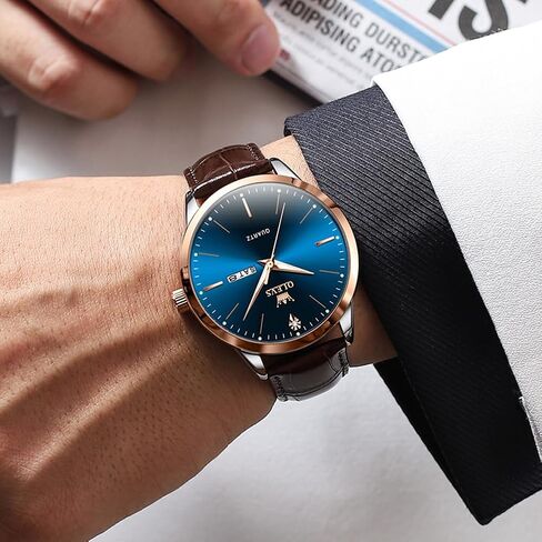 OLEVS Mens Watches, Dress Waterproof Classic Analog Casual Luxury Wrist Watch for Men with Date, Easy to Read Relojes para Hombres Male Quartz Wristwatch with Brown Black Leather Band Blue Black Dial in Saudi Arabia