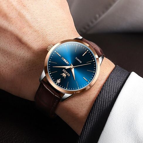 OLEVS Mens Watches, Dress Waterproof Classic Analog Casual Luxury Wrist Watch for Men with Date, Easy to Read Relojes para Hombres Male Quartz Wristwatch with Brown Black Leather Band Blue Black Dial in Saudi Arabia