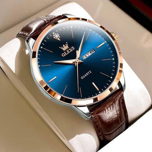OLEVS Mens Watches, Dress Waterproof Classic Analog Casual Luxury Wrist Watch for Men with Date, Easy to Read Relojes para Hombres Male Quartz Wristwatch with Brown Black Leather Band Blue Black Dial in Saudi Arabia