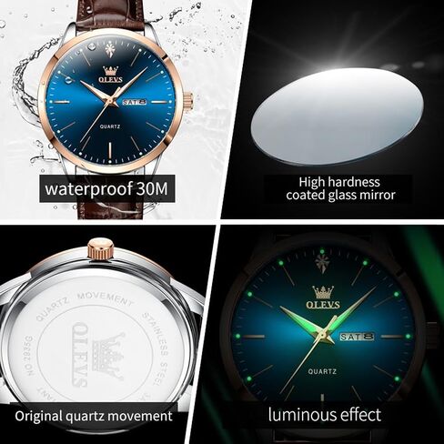 OLEVS Mens Watches, Dress Waterproof Classic Analog Casual Luxury Wrist Watch for Men with Date, Easy to Read Relojes para Hombres Male Quartz Wristwatch with Brown Black Leather Band Blue Black Dial in Saudi Arabia