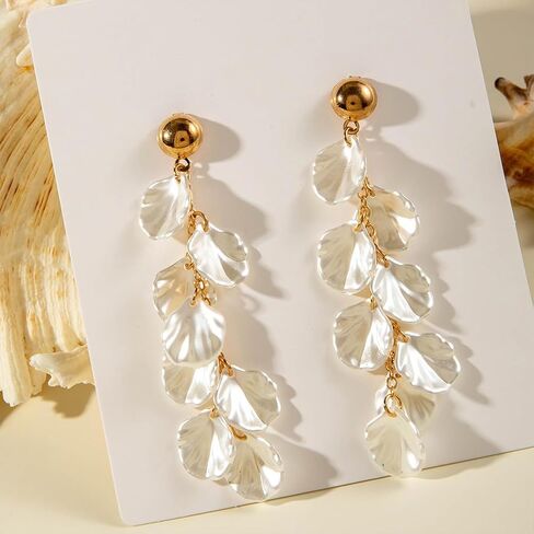 Boho White Acrylic Seashell Stud Earrings for Women, Statement Layered Long Tassel Shell Drop Dangle Earring Beach Holiday Party Jewelry Accessories Gift in Saudi Arabia