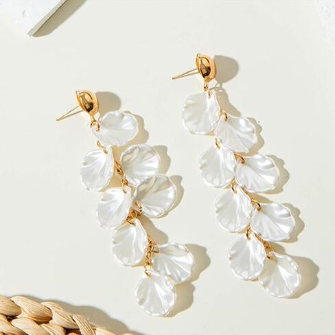 Boho White Acrylic Seashell Stud Earrings for Women, Statement Layered Long Tassel Shell Drop Dangle Earring Beach Holiday Party Jewelry Accessories Gift in Saudi Arabia