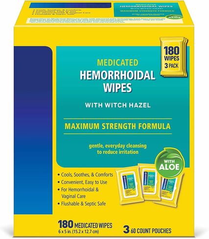 Hemorrhoid Wipes with Witch Hazel, Flushable, Biodegradable and Septic Safe - 180 Count in Saudi Arabia