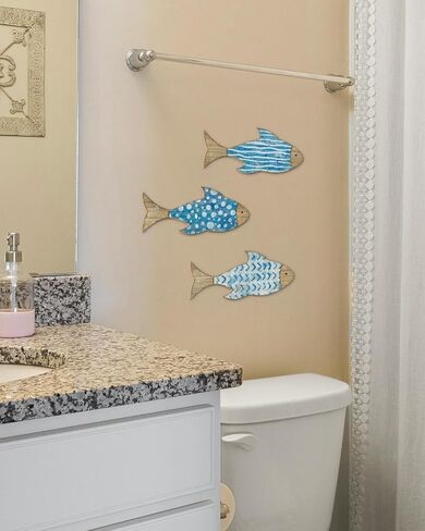 Putuo Decor 3 Pcs Wooden Fish Wall Art School of Fish Lake House Ocean Decor Vintage Ornaments for Bedroom Bathroom Living Room 6.69x3.14 In in Saudi Arabia