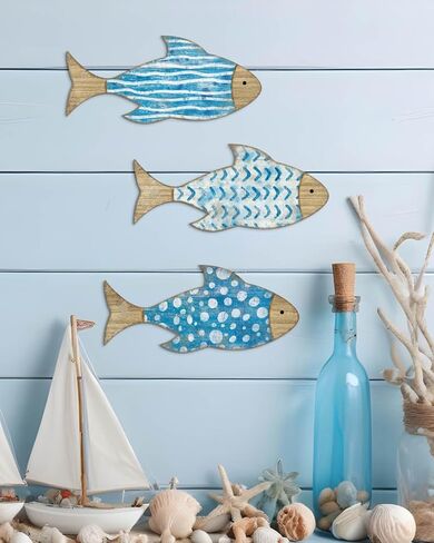 Putuo Decor 3 Pcs Wooden Fish Wall Art School of Fish Lake House Ocean Decor Vintage Ornaments for Bedroom Bathroom Living Room 6.69x3.14 In in Saudi Arabia