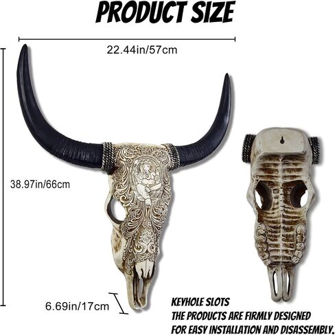 ديكور جدار جمجمة البقر ، Ganesha Floral Encloring - Faux Longhorn Skull Faux Lughermy Head Wall Art Handmade - Bull Bull's Head - Farmhouse Wall Sculpture - 39*23*7 Batse (Copper Red Copper) in Saudi Arabia