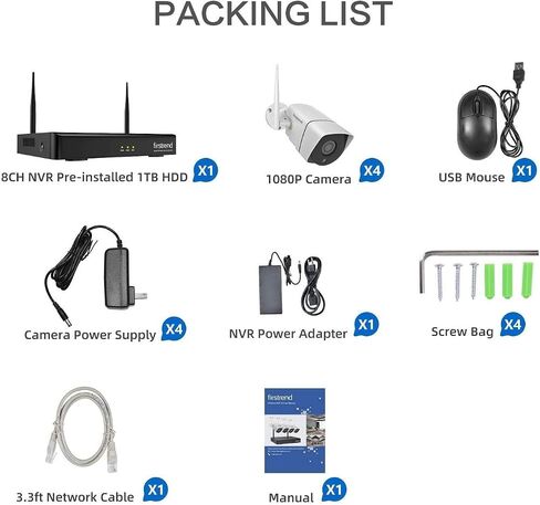 Wireless Security Camera System, Firstrend 8CH 1080P Wireless NVR System with 4 pcs 1.3MP IP Security Camera with 65 ft Night Vision and Easy Remote View, P2P CCTV for Home(No Hard Drive) in Saudi Arabia
