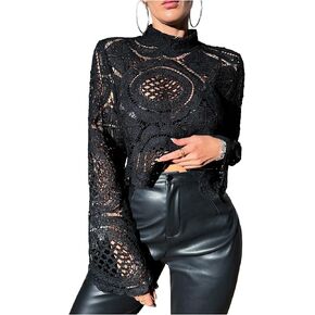 Floerns Women's Summer Hollow Out Blouse Flare Sleeve Mock Neck Beach Cover Up Crop Tops in Saudi Arabia