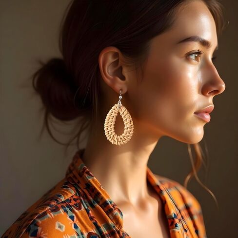 Patterned Teardrop Earrings, Rattan Earrings for Women, Girlie Knitted Earring, Boho Chic Summer Beach, Natural Handmade Rattan Material, Fashion Accessories DIY Gifts Coworker Friend in Saudi Arabia
