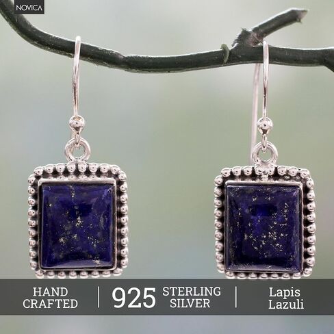 Novica Artisan Lazuli Lazuli Dangle Earrings Silver Silver من الهند مع الحجر الهندسي الأزرق Snorkel [1.3 في L x 0.5 في W x 0.2 في D] in Saudi Arabia