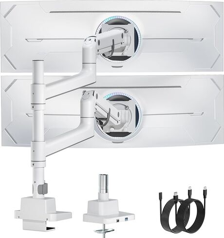 monTEK 17-57 Inch Dual Ultrawide Monitor Arm for Up to 59.4lbs Screen, Aluminum Heavy-Duty Gas Spring Vertical Stackable Curved Adjustable Monitor Stand,75/100mm Vesa Mount, White in Kuwait