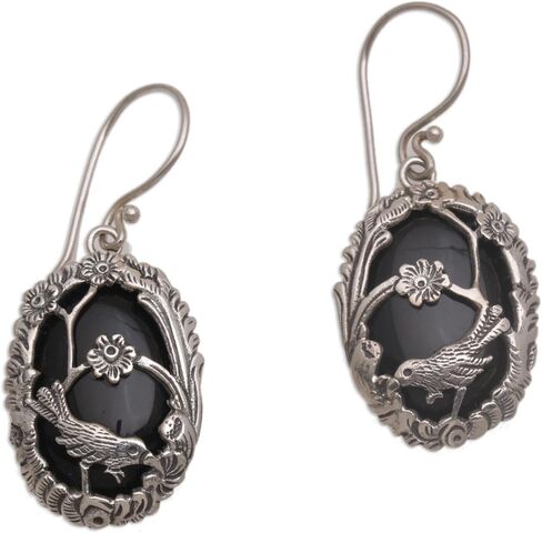 NOVICA Artisan Handmade Onyx Dangle Earrings 925 Silver Birdthemed from Bali Sterling Indonesia Nature Floral Birthstone [1.5 in H x 0.7 in W x 0.2 in D] ' Avian Curiosity' in Saudi Arabia