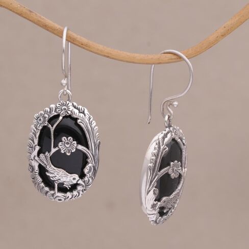 NOVICA Artisan Handmade Onyx Dangle Earrings 925 Silver Birdthemed from Bali Sterling Indonesia Nature Floral Birthstone [1.5 in H x 0.7 in W x 0.2 in D] ' Avian Curiosity' in Saudi Arabia