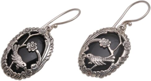 NOVICA Artisan Handmade Onyx Dangle Earrings 925 Silver Birdthemed from Bali Sterling Indonesia Nature Floral Birthstone [1.5 in H x 0.7 in W x 0.2 in D] ' Avian Curiosity' in Saudi Arabia