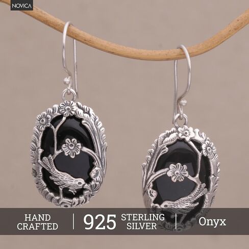 NOVICA Artisan Handmade Onyx Dangle Earrings 925 Silver Birdthemed from Bali Sterling Indonesia Nature Floral Birthstone [1.5 in H x 0.7 in W x 0.2 in D] ' Avian Curiosity' in Saudi Arabia