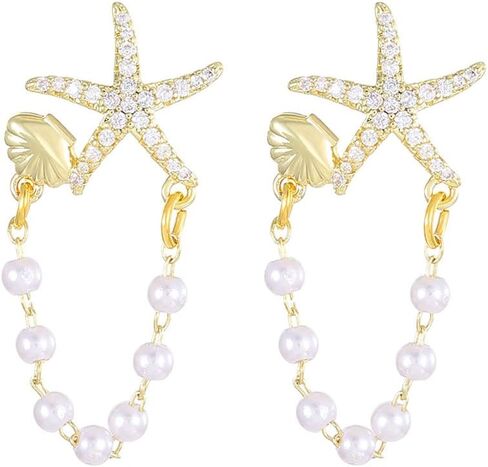 Starfish Earrings Rhinestone Sea star Seashell Dangle Earrings Long Chain Pearl Tassel Starfish Earrings Women Beach Holiday Jewelry Gift in Saudi Arabia