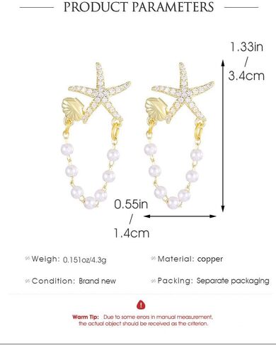 Starfish Earrings Rhinestone Sea star Seashell Dangle Earrings Long Chain Pearl Tassel Starfish Earrings Women Beach Holiday Jewelry Gift in Saudi Arabia