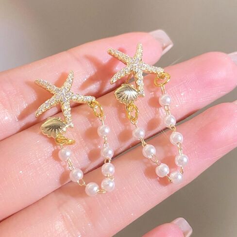 Starfish Earrings Rhinestone Sea star Seashell Dangle Earrings Long Chain Pearl Tassel Starfish Earrings Women Beach Holiday Jewelry Gift in Saudi Arabia