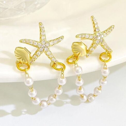 Starfish Earrings Rhinestone Sea star Seashell Dangle Earrings Long Chain Pearl Tassel Starfish Earrings Women Beach Holiday Jewelry Gift in Saudi Arabia