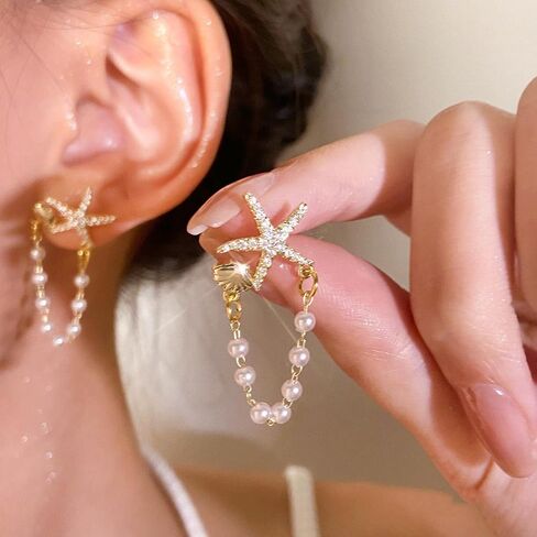 Starfish Earrings Rhinestone Sea star Seashell Dangle Earrings Long Chain Pearl Tassel Starfish Earrings Women Beach Holiday Jewelry Gift in Saudi Arabia