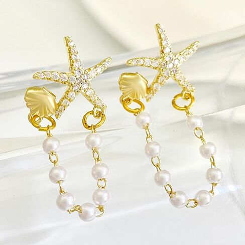 Starfish Earrings Rhinestone Sea star Seashell Dangle Earrings Long Chain Pearl Tassel Starfish Earrings Women Beach Holiday Jewelry Gift in Saudi Arabia