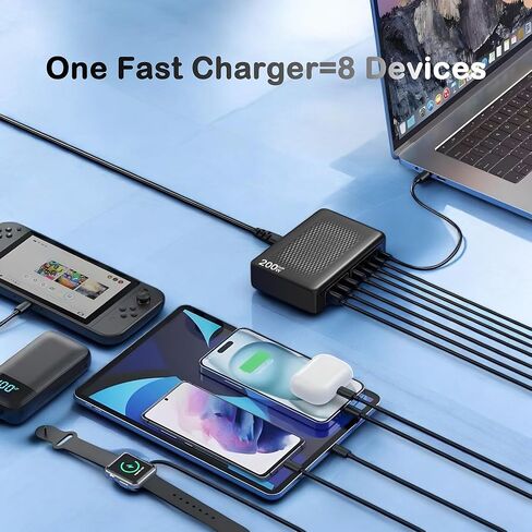 200W USB C Charger Block,Upgraded GaN III 8-Port Fast Charging Station Hub,PD 65W Laptop Charger Adapter Compatible with MacBook Pro/Air,DELL,Steam Deck,iPhone 16/15/14,Galaxy S23/22 etc (White) in Kuwait
