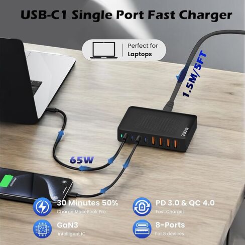 200W USB C Charger Block,Upgraded GaN III 8-Port Fast Charging Station Hub,PD 65W Laptop Charger Adapter Compatible with MacBook Pro/Air,DELL,Steam Deck,iPhone 16/15/14,Galaxy S23/22 etc (White) in Kuwait