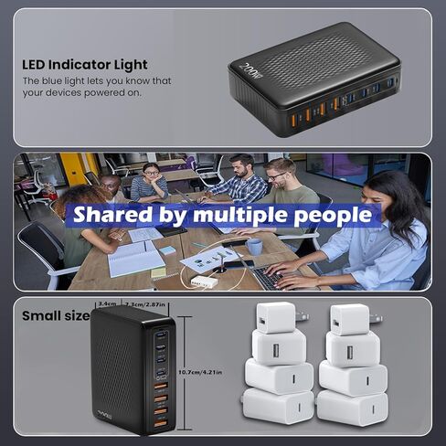 200W USB C Charger Block,Upgraded GaN III 8-Port Fast Charging Station Hub,PD 65W Laptop Charger Adapter Compatible with MacBook Pro/Air,DELL,Steam Deck,iPhone 16/15/14,Galaxy S23/22 etc (White) in Kuwait