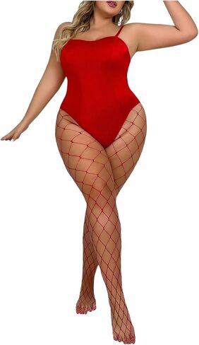 Wdirara Women's Plus Size Lingere Lingerie Lingerie PotySuit بقطعة واحدة مع جوارب شبكة FishNet وعصابة الرأس in Saudi Arabia